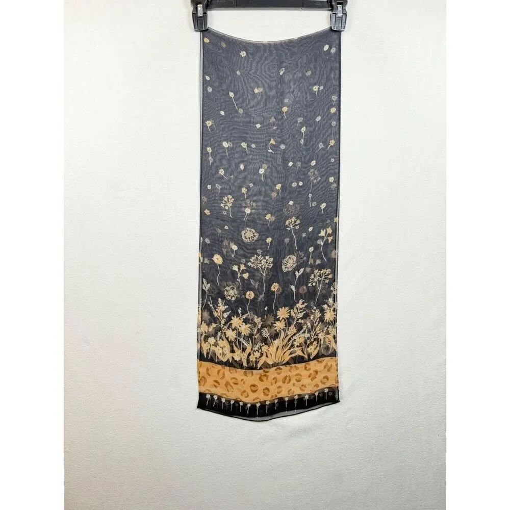 Talbots 100% Silk Long Rectangular Scarf Black Taupe Floral Leopard Border 58”